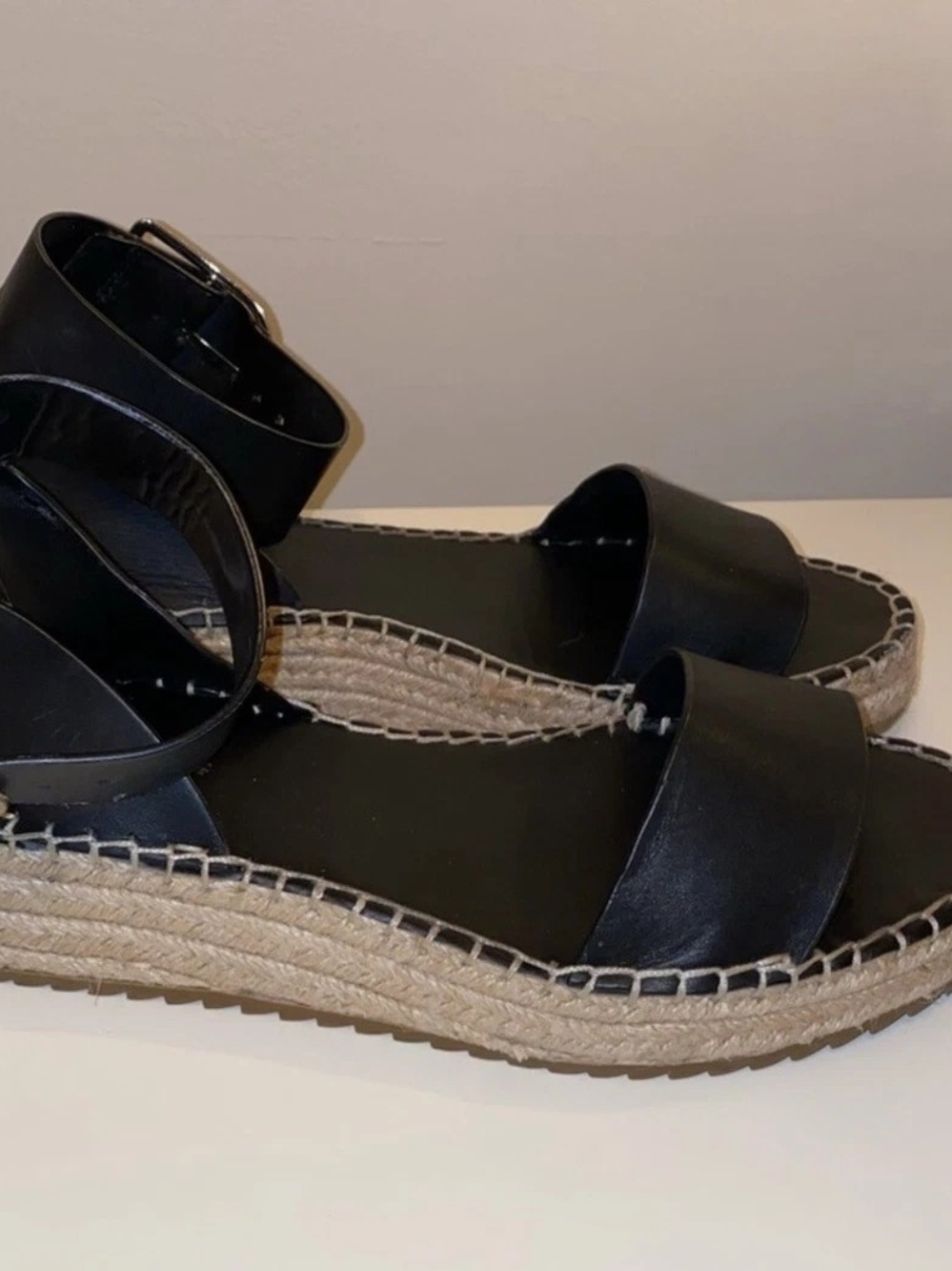 Zara Black Leather Espadrille Platform Sandals with Ankle Buckle
